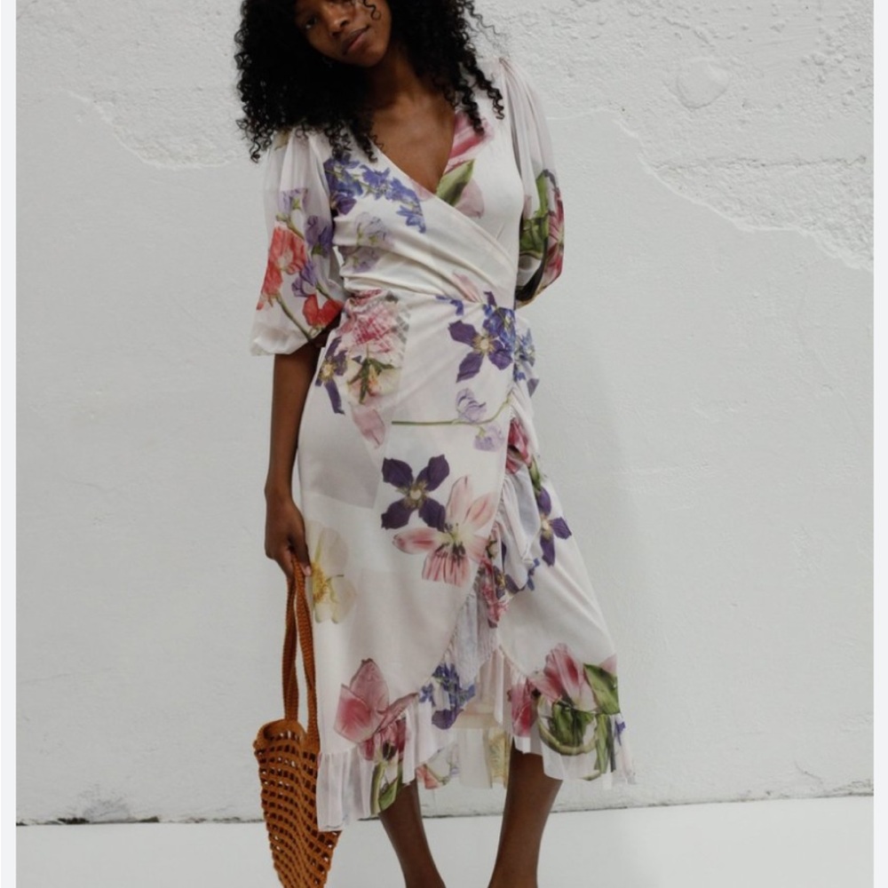 Ganni romantic floral mesh print wrap dress